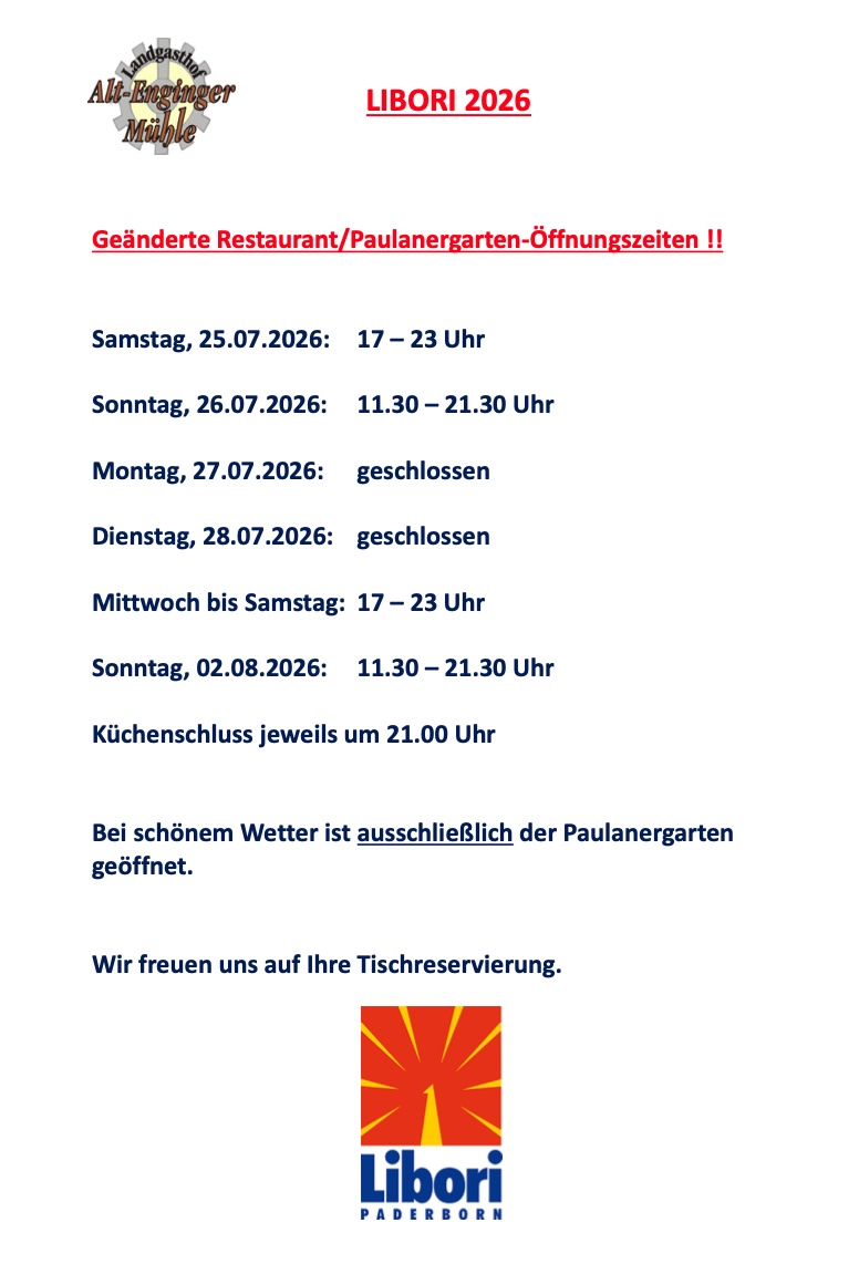 Geänderte Restaurant-/Paulanergarten-Öffnungszeiten an Libori !!