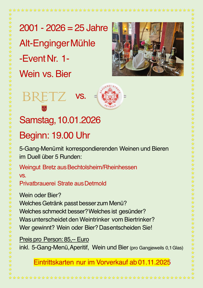 Wein vs. Bier in der Alt-Enginger Mühle